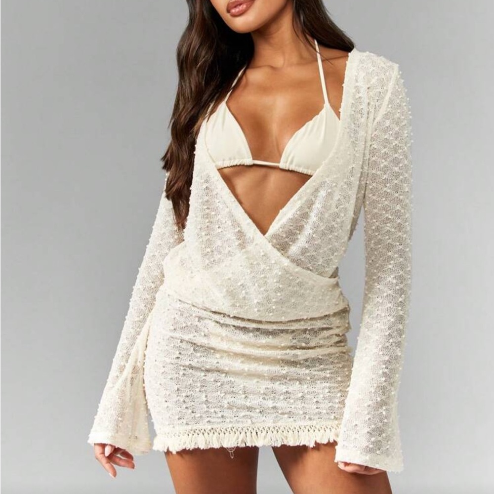 Missguided Cream Crochet Cover-Up Mini Dress with Bikini